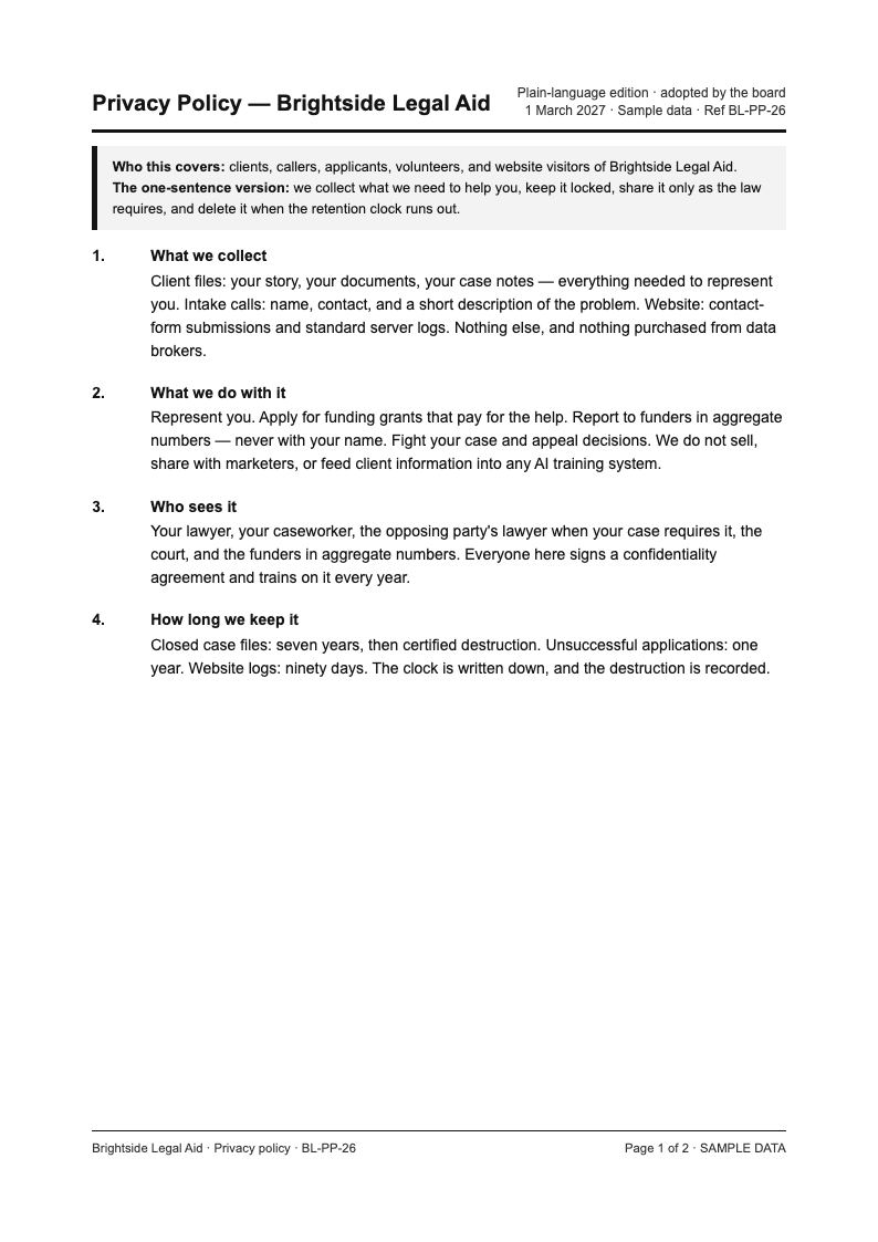 Legal contract plain language privacy policy